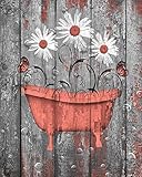 Coral Grey Rustic Bathroom Wall Art, Daisy Flowers, Butterflies Farmhouse Decor, Matted 5x7, 8x10, 11x14 Home Decor Picture