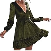 ROYLAMP Women's Dresses Velvet Deep V-Neck Long Sleeve Ruffle Mini Swing Sexy Cocktail Shift Dress