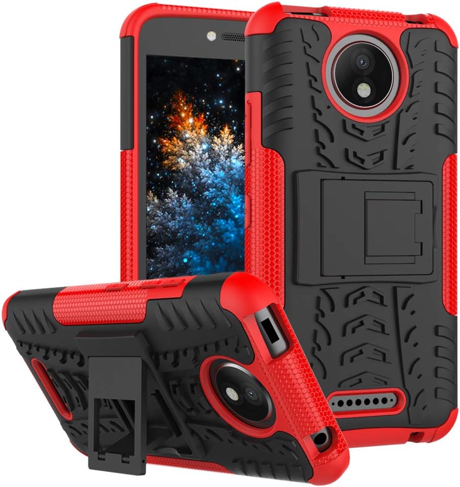 MRSTER Moto C Plus Case, Tyre Pattern Design Heavy Duty Extreme Protection Case With Kickstand Shock Absorbing Detachable 2 in 1 Case Cover For Motorola Moto C Plus. Hyun Red