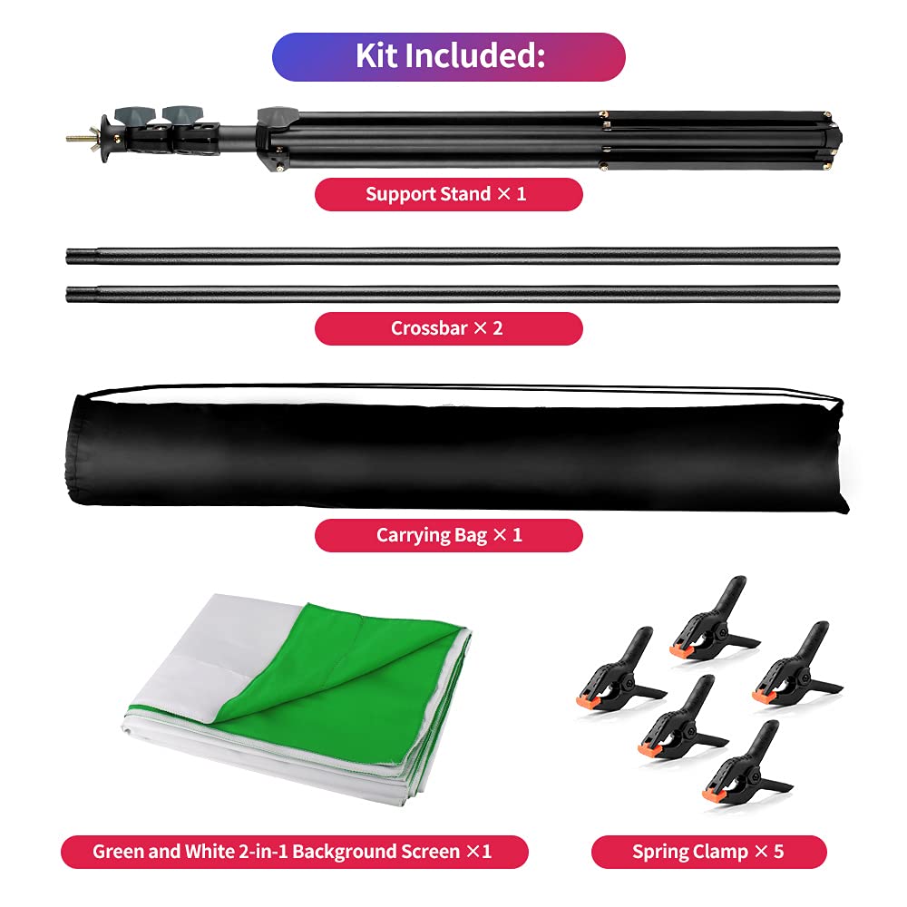YAYOYA White-Green Screen Backdrop Stand Kit with 5x6.5ft 2-in-1 Reversible Chromakey Green Screen White Backdrop and Portable T-Shaped Background Support Stand, for Live Streaming Portrait Shooting