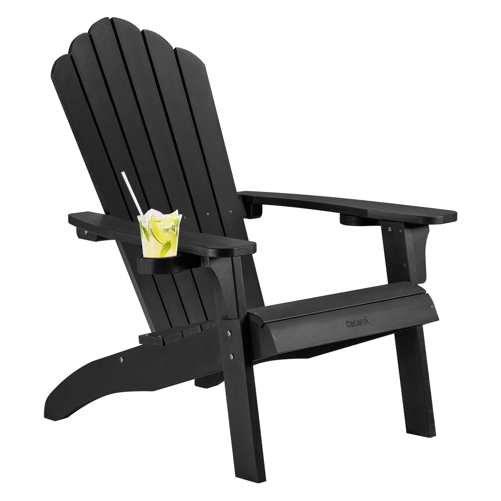 Cecarol Normal Size Adirondack Chair Plastic, Outdoor Fire Pit Chair with Cup Holder, Adirondack Patio Chair Weather Resistant for Outside, Porch, Lawn, Garden- AC01S, Black