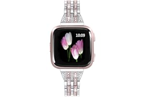 Mtozon Bands Compatible with Fitbit Versa 2/Versa Lite/Versa, Women Replacement Metal Rhinestone Bling Bracelet Wristband, Silver with Rose Gold