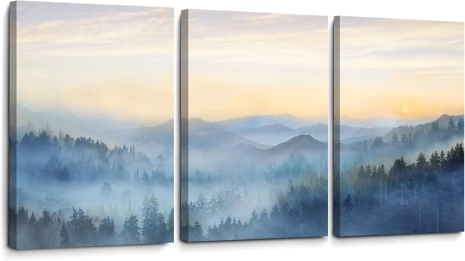 Wall Décor - Wall Decor for Bedroom 3 Panel Sunrise Misty Forest Print Picture Paintings Wall Art for Living Room Bathroom Framed Canvas Artwork Modern Room Wall Decorations Size 12x16 x 3 Piece Ready to Hang