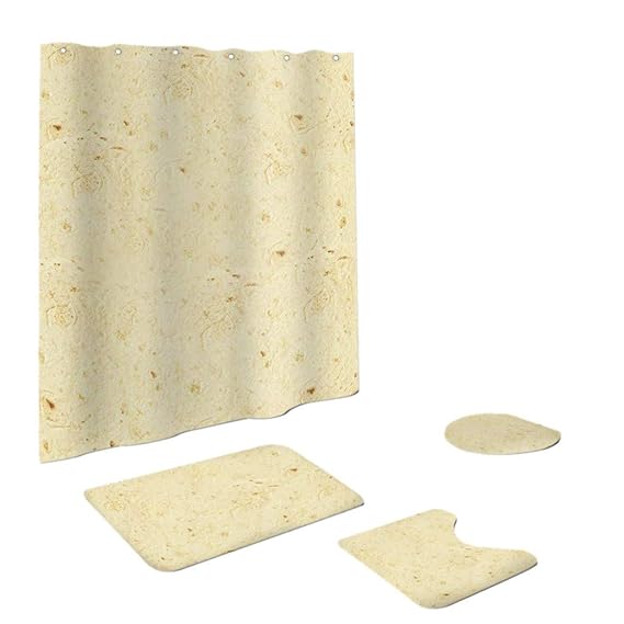 MDenker 4 STÜCKE Mexikanischer Burrito Duschvorhang WC-Matte Rutschfeste Toilette Polyester Abdeckmatte Set Bad Duschvorhang 