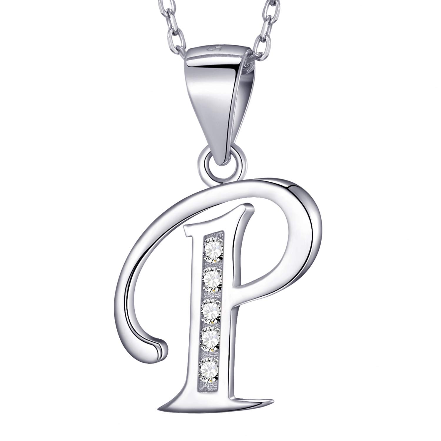 MASADA 925 Sterling Silver Letter Necklace - Initial Pendant with Zircon Stones - Letter P - Personalised Alphabet, Teens & Girls - 46 cm - 18 inch Chain in Velvet Bag