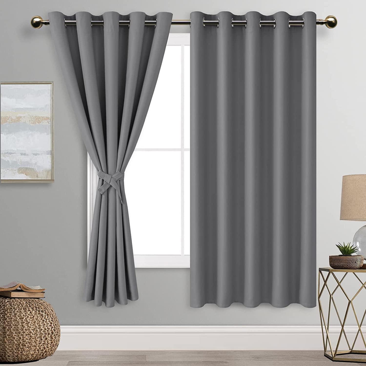 DWCN Grey Blackout Curtains with Tiebacks for Bedroom Thermal Insulated Solid Eyelet Curtains for Living Room,2 Panels,66" Wide x 72" Drop