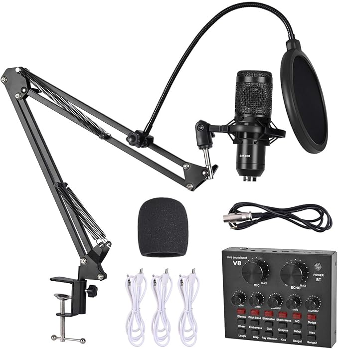 Condenser Microphone Bundle - Recording Home/Studio DJ Equipment with Live Sound Card, Adjustable Mic Suspension Scissor Arm, Metal Shock Mount and Double-Layer Pop Filter for Recording & Broadcasting