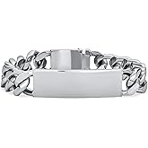 Bling Jewelry Identification Tag Name Plated Curb Cuban Link Chain ID Bracelet For Men Personalized Name Engraved Silver Tone Stainless Steel 7.5, 8, 8.5 Inch