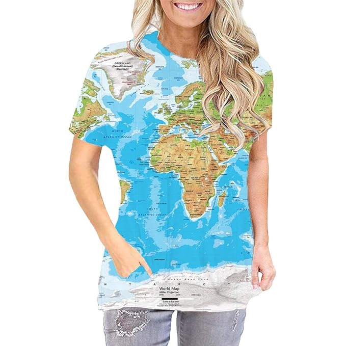 Buy World Map T Shirt Earth Print O Neck Short Sleeve with Side Pockets for Women (XXLarge