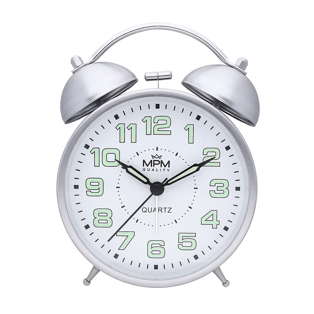 MPM Quality, Cooper Colour Alarm Clock, Silver, Retro Analogue Decoration, Luminising Numbers, Double Alarm, Vintage, Quartz Movement, Night Light Function, 150 x 110 x 53 mm