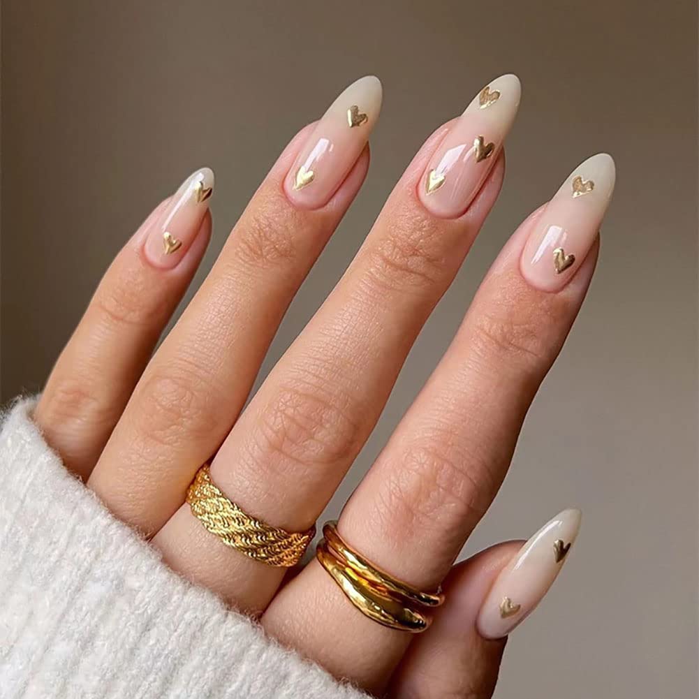 Clataly 24 PCS Moon Stars Fake Nail Love Heart Pearl Wave Acrylic Press on Nails Pointed Artificial False Nails for Women Girls (B)