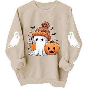 Halloween Sweatshirts for Women Oversized Cute Print Pullover Tops | Fall Sweatshirts for Women; Hoodless for Women with Pock