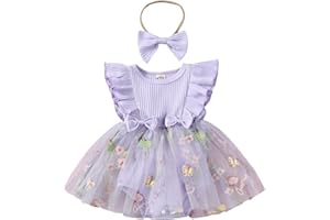 Hnyenmcko Newborn Baby Girl Summer Romper Dress Infant Fly Sleeve Flower Embroidery Mesh Tulle Skirt Hem Ribbed Bodysuit