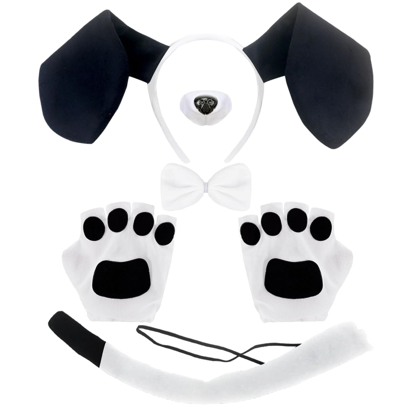 XNIVUIS 5 Pieces Black And White Puppy Dog Costume Set,Fancy Dress Dog Costume Set,Dog Ears Headband Gloves Bowtie Nose Tail,For Kids Boys and Girls Cosplay Party Fancy Dress Up (5 PCS)