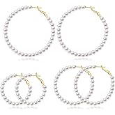 CERSLIMO Pearl Hoop Earrings for Women - 3 Pairs 14K Gold Plated & Sterling Silver Post Big Large Hoops 4mm Pearl Earrings Jewelry Gifts 20/30/40/50mm
