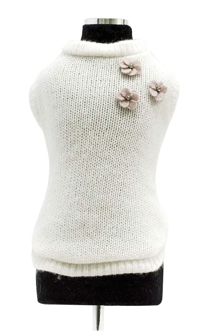 Trilly Tutti Brilli Cecile Wool Sweater with Felt and Crystal Flower Application, 2X-Small, White