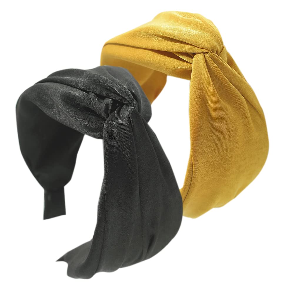 2PCS Alice Headbands: Boho Wrap Tie Fashion Hair Scarf, Non Slip Fabric Bands (Wide) for Women & Girls (YellowBlack)