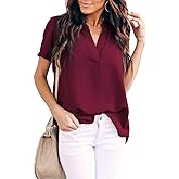 Allimy Women Summer Casual Split V Neckline Chiffon Blouses Loose Tunic Short Sleeve Tops