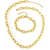 MarveBard Gold Paperclip Chain Necklace Bracelet Set for Women Chunky Statement Choker Necklace Bracelet Set Dainty Rectangle Paperclip Link Chain Set Trendy Chunky Paperclip Jewelry