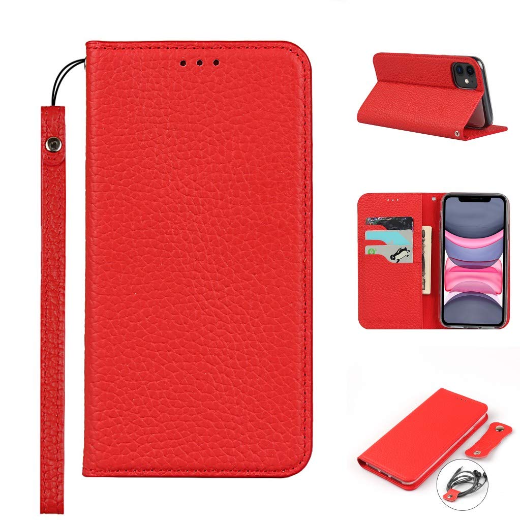 Copmob iPhone 11 Case,Genuine Leather Flip Wallet Case,[3 Card Holders][Magnetic][RFID-Blocking],Protective Phone Case Cover for iPhone 11 - Red