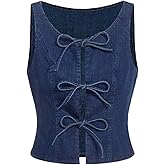WDIRARA Women's Bow Tie Denim Vest Y2k Scoop Neck Sleeveless Cropped Jean Jacket Vest