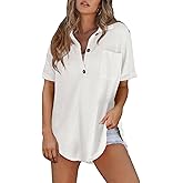 Astylish Women Waffle Knit Tops Henley Shirts Short Sleeve V Neck Solid Color Casual Tunic