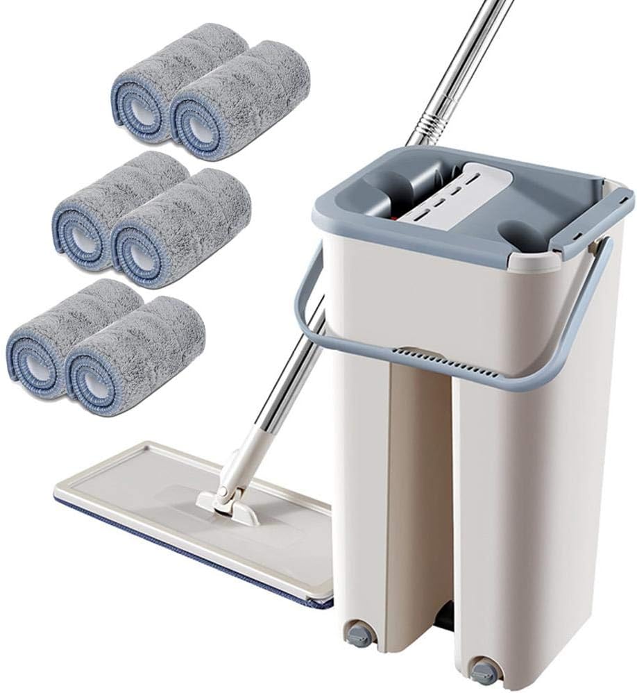 Microfibre Flat Mop And Bucket Set With Replacement Head Pads Telescopic Rod Free Hand Wash Home Cleaning Tool