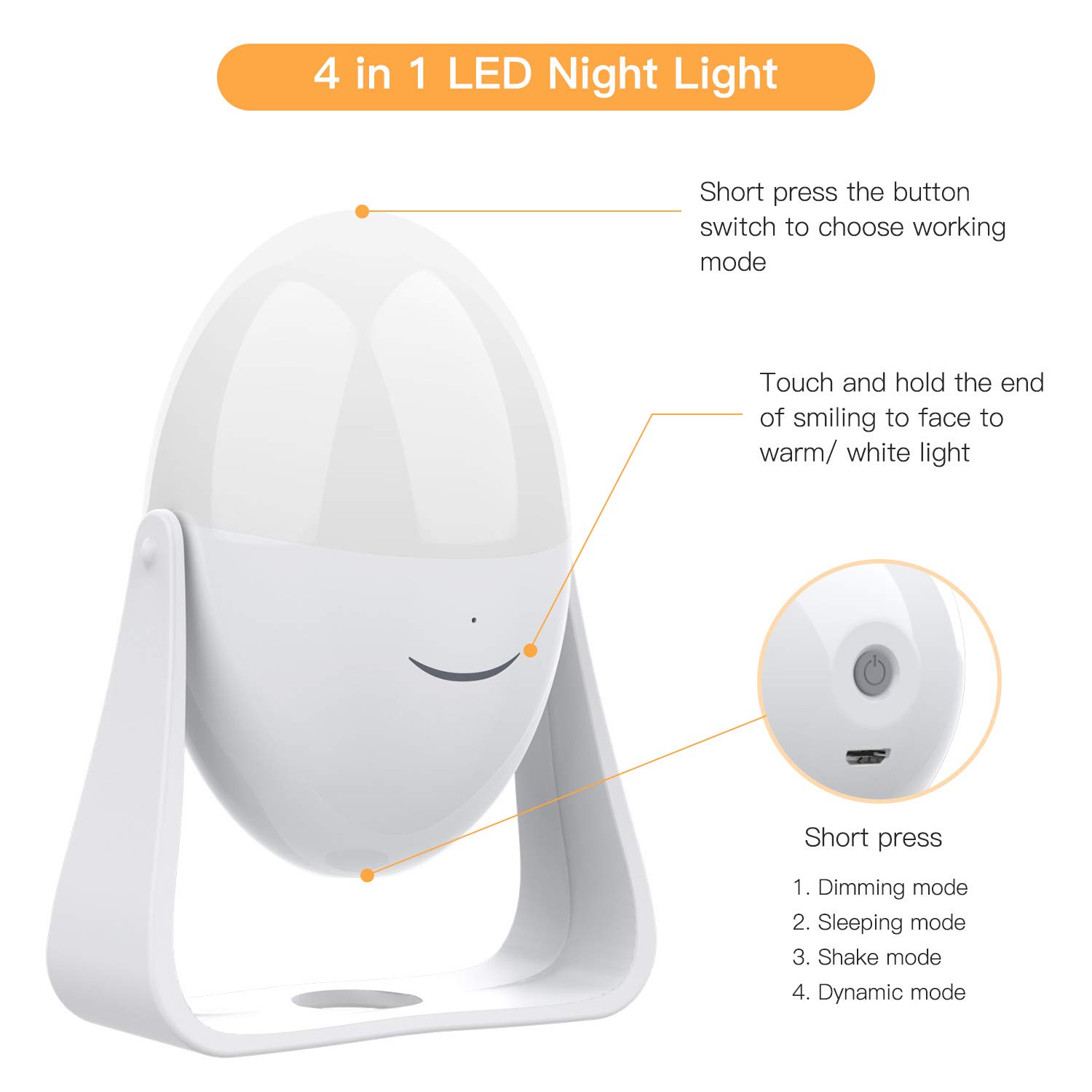 Luz de Nocturna LED Lámpara de Mesita de Noche Inteligente, Control Tactil, Regulable, USB Recargable, Portátil, Cambio de Color RGB para Niños, Habitación, Cámping - Uverbon