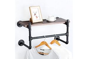 HAOVON Industrial Pipe Clothing Rack Wall Mounted Wood Shelf,Pipe Shelving Floating Shelves,Retail Garment Rack Display Rack Clothes Racks(1 Tier,24in)
