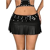 WDIRARA Women's PU Leather Buckle Belted Low Rise Skirt Y2k Pleated Mini Skirt