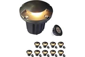 MALORY Brass Top Cover Landscape Well Lights,(5‘’H) 12V Low Voltage Outdoor In Ground Lights,5W Landscape Lighting for Pathway, Driveway and Garden (One-Direction Turret, 10-Pack with Bulb)