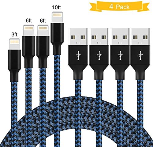 TIGAR Charger Cable Nylon Braided USB Syncing Charging Cable 4Pack 3FT 6FT 6FT 10FT Compatible Phone Charger 6s 6s Plus 7 7 Plus 8 8Plus X (Black&Blue)