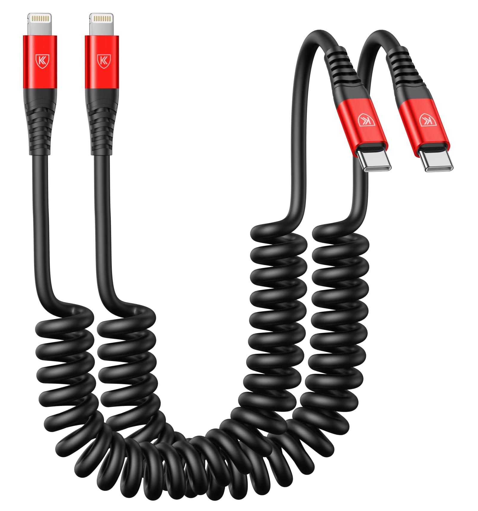 KIYODA USB C to Lightning Cable, 2Pack 3FT Coiled Fast Charger for Car Type C to Lightning Cable Cord Compatible with 14 13 12 11 Pro Max Xr Xs 8 7 Plus Carlay-Red