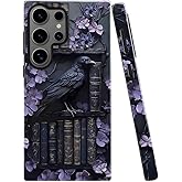 TnXee Case for Samsung Galaxy S25 Ultra,Purple Floral Crow Bookshelf Phone Case Drop Resistant Glossy 2 in 1 Solid Dual-Layer Cover for Girl Women