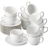 BTaT- Cappuccino Cups with Saucers 8 oz, Set of 12, White Porcelain Coffee Cup and Saucer Set for Latte with Golden Trim Design, Dishwasher Safe, Mocha, Tea, Au Lait, Flat White