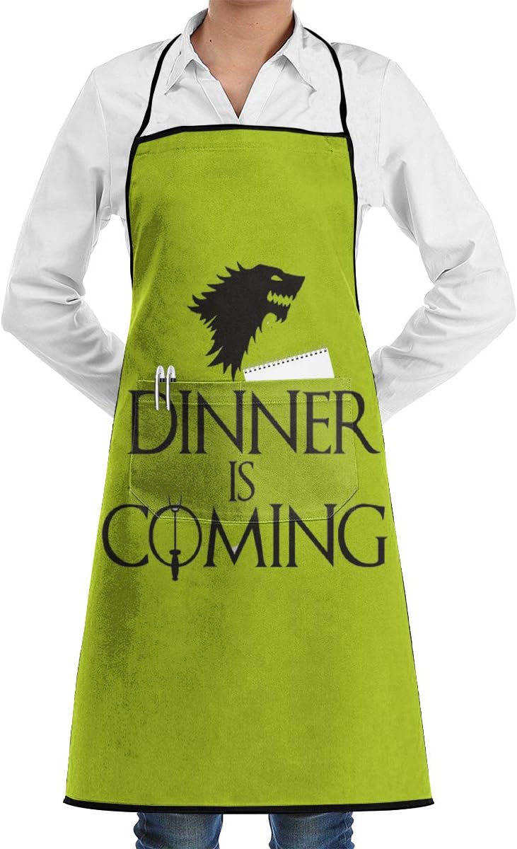HOKICGR Bib Apron with Pocket Dinner is Coming Printed Cooking Kitchen Aprons for Women & Men