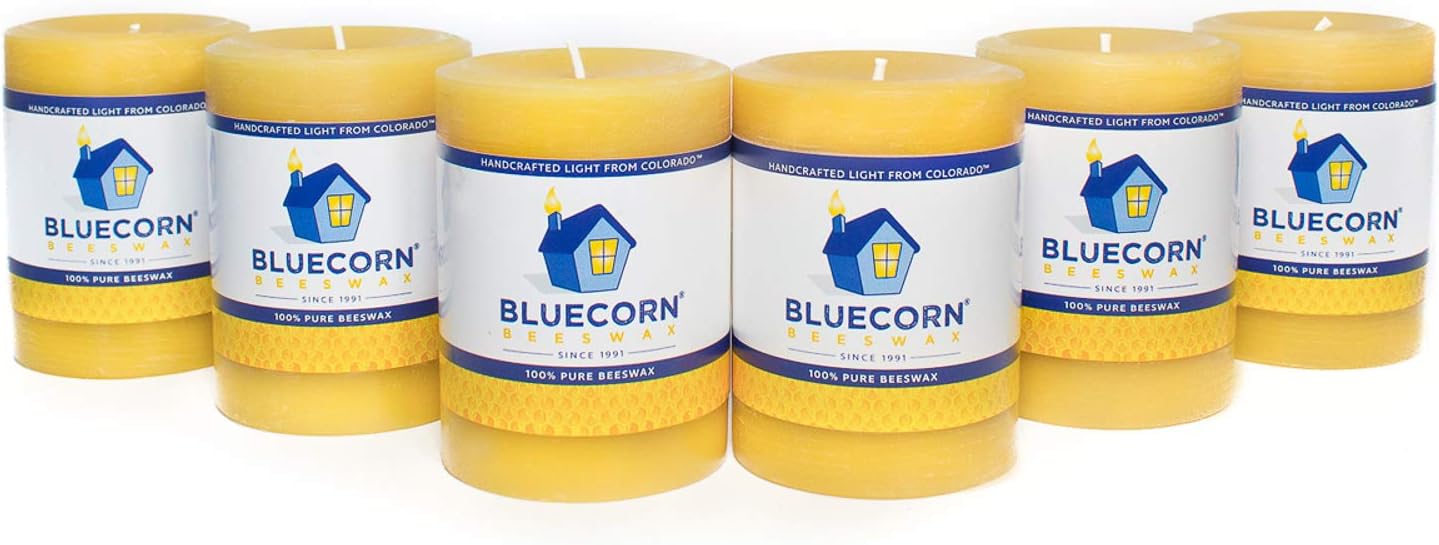 Bluecorn Beeswax 100% Pure Beeswax Pillar Candles | Natural Beeswax Candles, Unscented Yellow Candles | Soy, Paraffin, & Fragrance Free | 3x4, 60 Hour Burn Time, Bulk 6-Pack | Handmade in Colorado