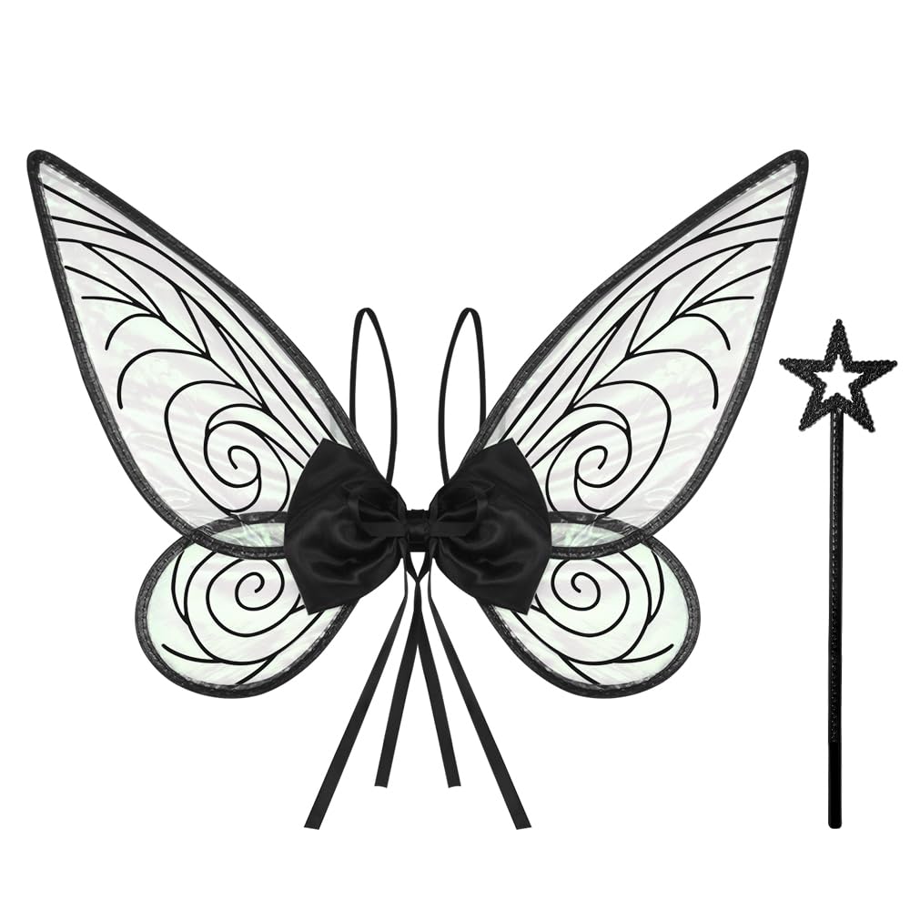 BUZIFU Fairy Wings Butterfly Wings for Adults Sparkling Sheer Wings Fairy Angel Wings with Wand Elf Costumes Wings Angel Princess Set for Halloween Costume Dress Up Cosplay Party (Black)