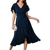 Womens Wedding Guest Midi Dress Flutter Sleeve V Neck Wrap High Low Bridesmaid Cocktail Formal Dresses for Women