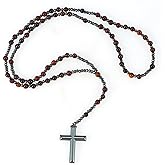 OEMOO Rosary Beads Catholic, 6mm Red Tiger Eye Beaded Hematite Cross Pendant Rosary Necklace, Rosarios Catolicos Healing Crystal Triple Protection Necklace Catholic Gifts for Women Men