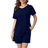 ENJOYNIGHT Women's Pajama Set Short Sleeve Shirt and Shorts Sleepwear V Neck Pjs with Pockets