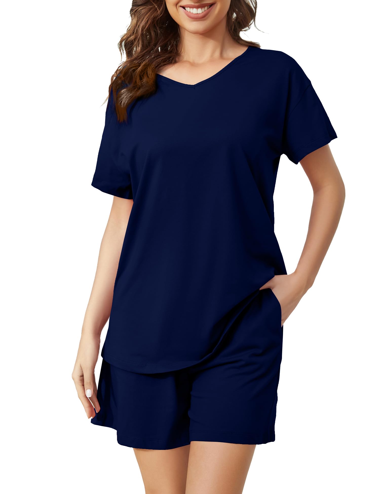 Photo 1 of ****ONLY SHIRT**** ENJOYNIGHT Women's Pajama  Shirt  Sleepwear V Neck Pjs (Medium, Navy)