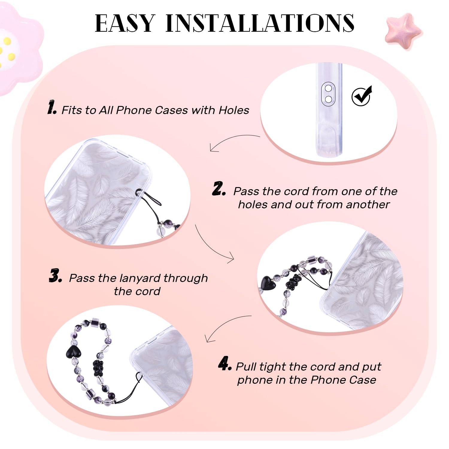 4 PCS Cute Phone Charms Aesthetic Y2K Cellphone Wrist Strap Bedazzling Bear Bow Butterfly Heart Star Flower Accessories Pink Beaded Anti-Theft Chain String for Bag Keychain Airpods Decor