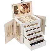 BOOVO Jewelry Box For women, 6 Layer Large Jewelry Organizer With Mirror, Multi-Function Storage Box With Lock, Accessory Holder With 5 Drawers, For Earrings Necklace Ring Bracelet (Pearl White)