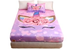 qjmiaofang Unicorn Kids Sheets Set Twin 2 Piece Girls Room Decor Cartoon Kawaii Fitted Sheet Soft Microfiber Bedding Set Animal Flowers Bed Set All Season for Home