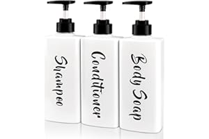 AUMIO 16.9oz Shampoo and Conditioner Dispenser, Refillable Shampoo Bottles with Pump, Empty Plastic Body Wash Dispensers for Bathroom, Printed Soap Bottle for Body and Conditioner (White, Set of 3)