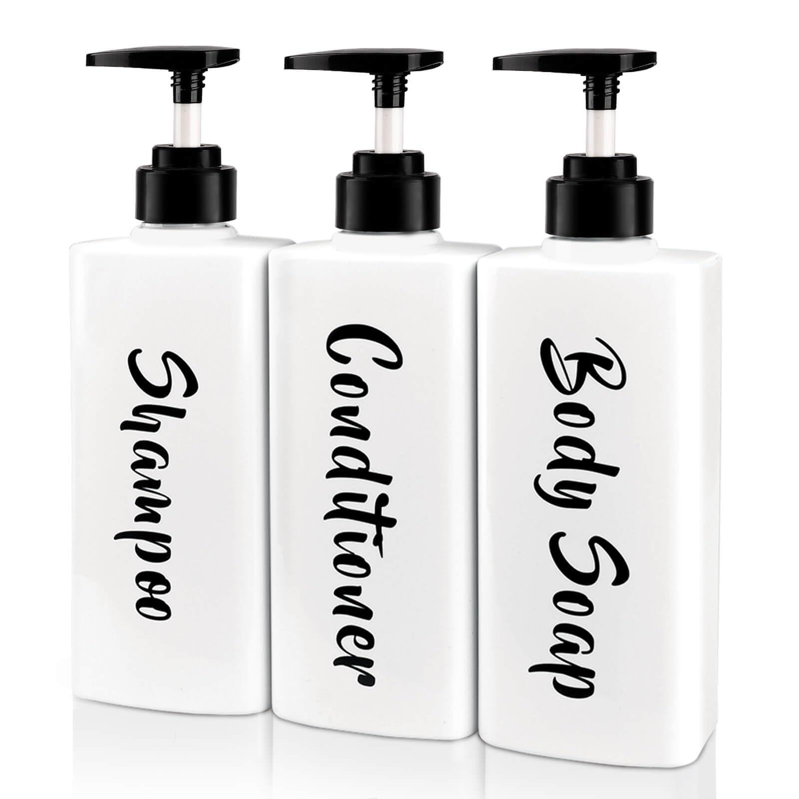 AUMIO 16.9oz Shampoo and Conditioner Dispenser Set of 3-Printed Shower Soap Dispenser Plastic Shampoo Bottles Refillable with Pump - Shampoo Conditioner Body Wash Dispenser for Bathroom Shower Wall