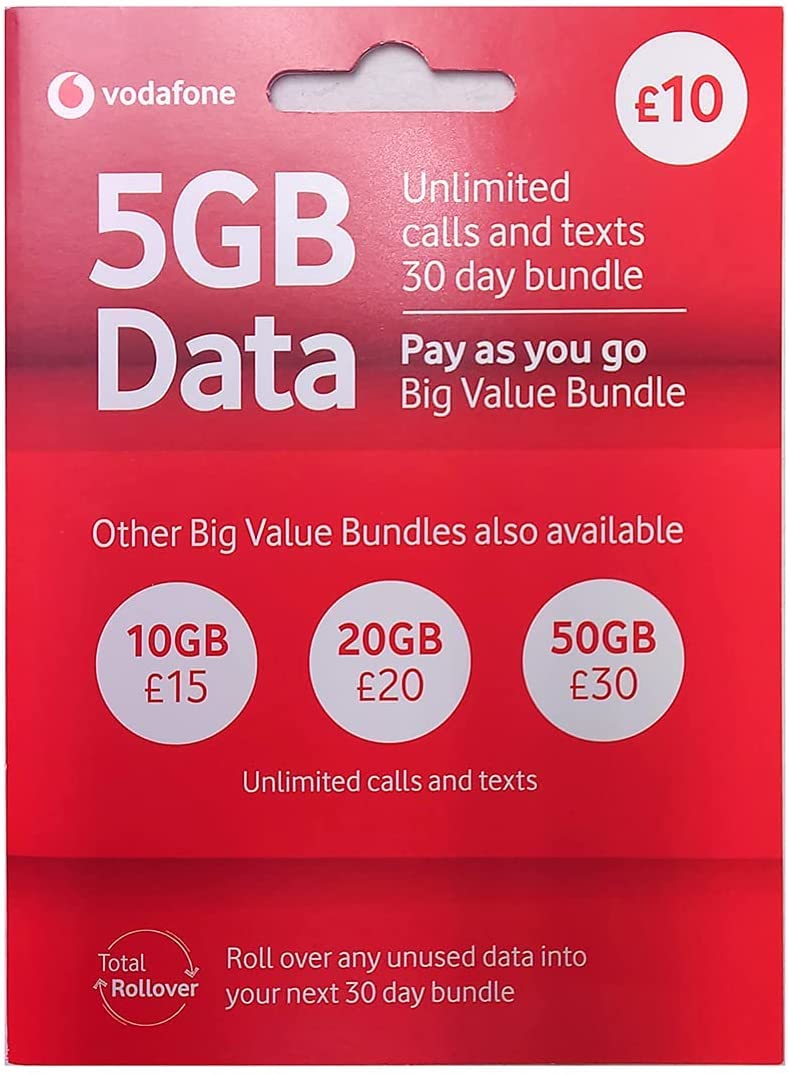 BoxedUp1: Vodafone SIM UK & EUROPE PAYG £15 Bundle -5GB + 250 mins/Unltd Text + International Calling