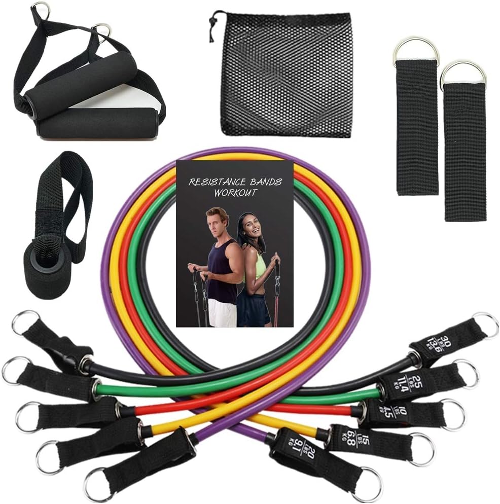 JSY Resistance Bands Set 5 Stackable Exercise Bands with Handles Carry Bag Door Anchor Ankle Straps Guide Book for Men Women Resistance Training Physical Therapy Home Workouts 100 LBS