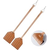 DEBETOOL 2-Pack Wooden Leather Fly Swatter Set with Heavy Duty Handle | Manual Flyswatter with Hanging Rope for Indoor and Outdoor